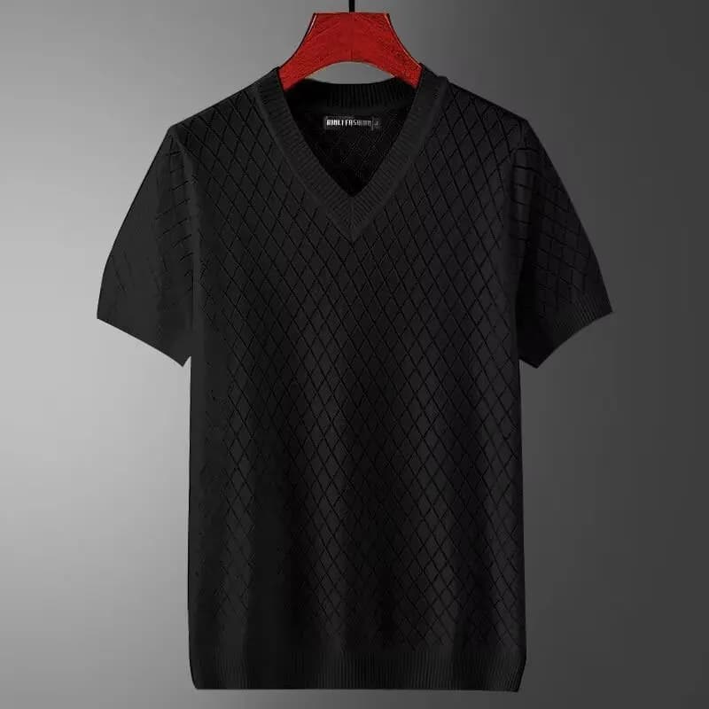 2026 Men's ice silk hollow fashion T-shirt high stretch luxury V-neck quality top summer cool thin short-sleeved sweater vest