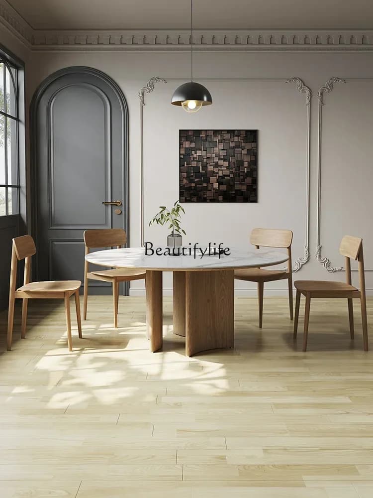01Modern solid wood round dining table with turntable rock slab round dining table