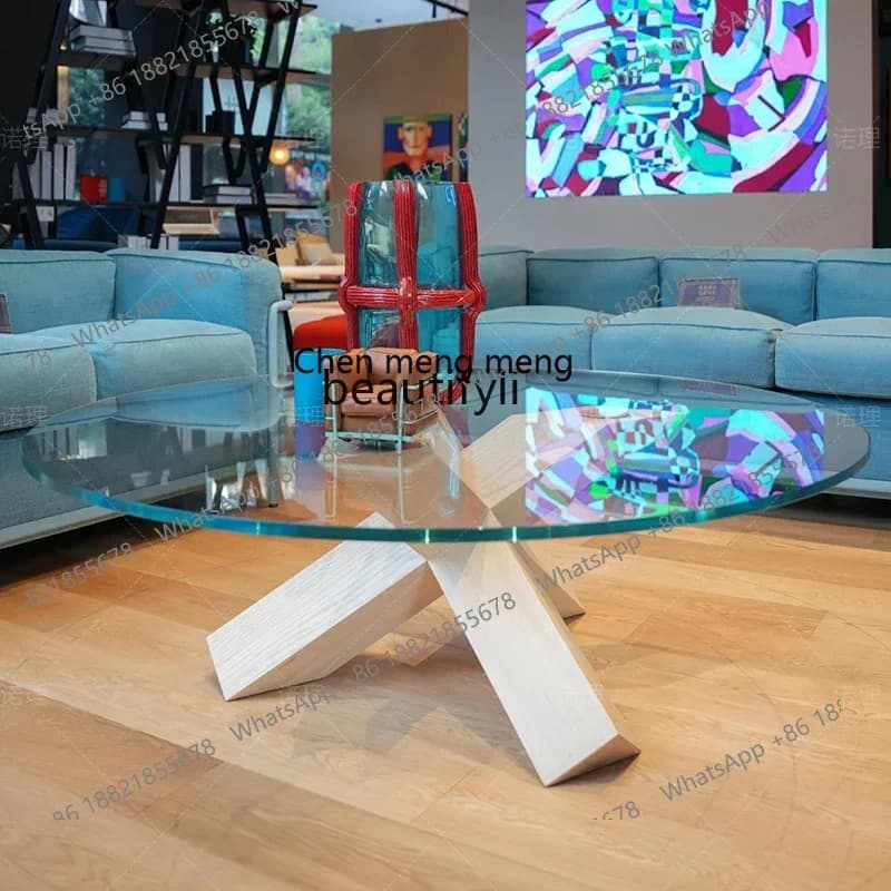cqyItalian minimalist villa designer living room tempered glass round coffee table all solid wood coffee table