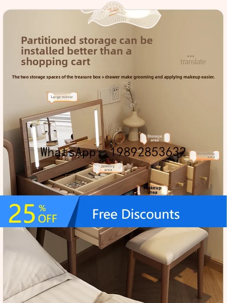 YFY Modern Bedroom Dressing Table Desk Integrated Mirror Makeup Table Folding Storage Cabinet Solid Wood Flip Cover