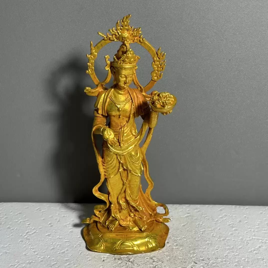 Gold-Plated Brass Prthivi Earth Goddess Statue Vintage Feng Shui Wealth Prosperity Desktop Ornament Home Decor Collectible Gift