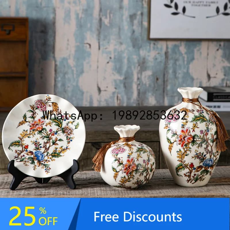 YFY American Retro Ceramic Vase Three-Piece Set Living Room Entrance Wedding Decoration Craft Ornament Soft Decoration