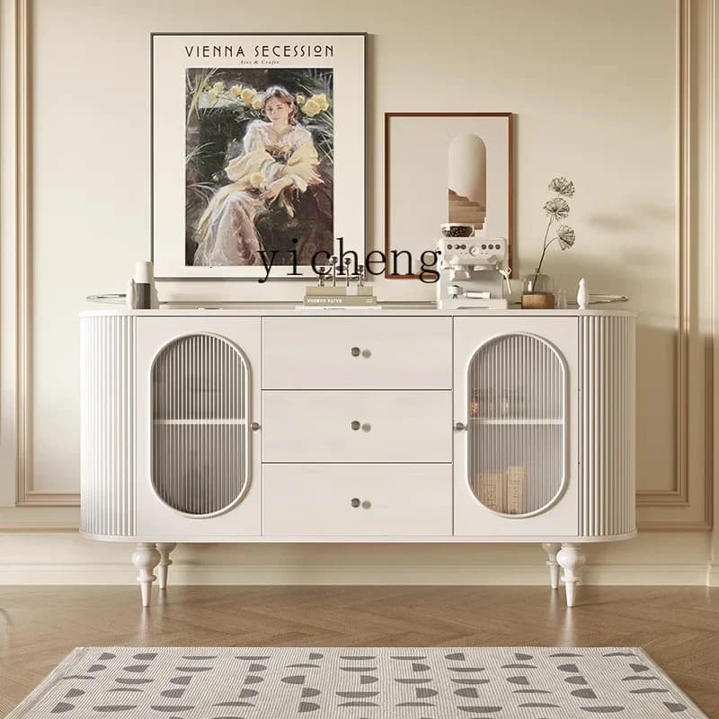v9.9-Solid Wood Sideboard Cherrywood Roman Retro Changhong Glass Cream Color Entrance Cabinet