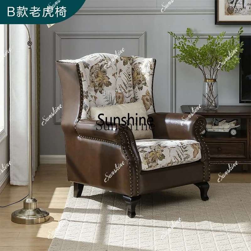 American tiger chair living room fabric single sofa high backrest retro rural solid wood simple leisureX