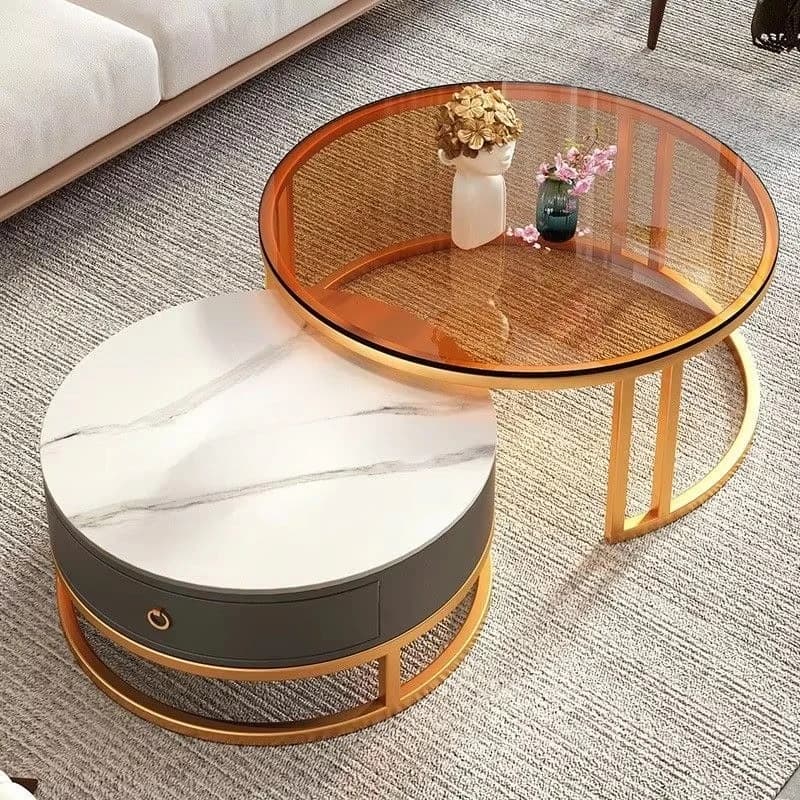 Modern style two-piece coffee table set with marble and glass surfaces