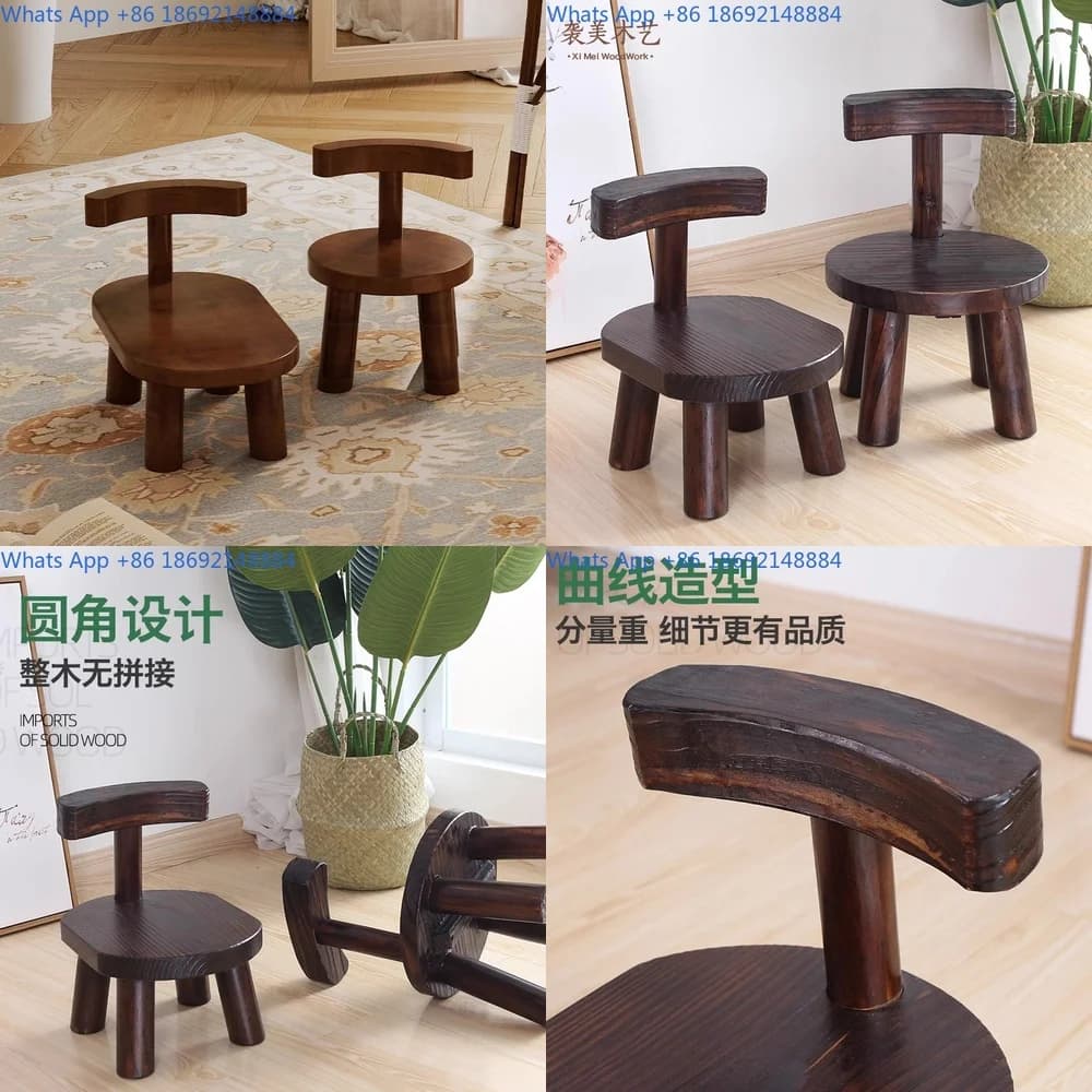 Simple creative solid wood low stool with backrest for living room use