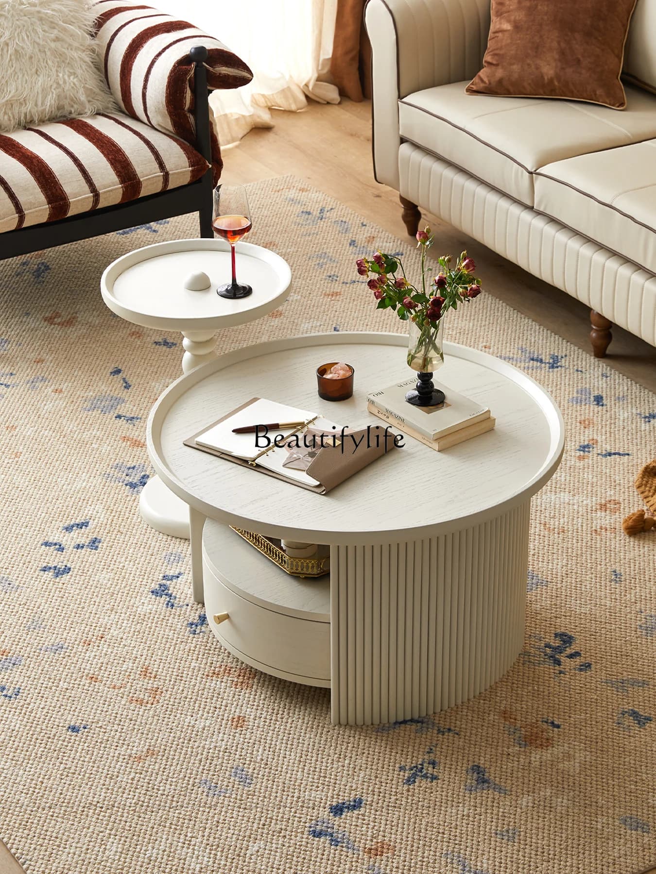 French retro solid wood coffee table combination cream style living room coffee table simple