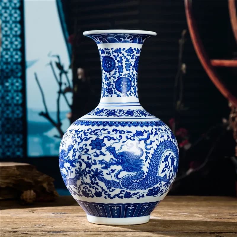 Blue and White Porcelain Vase Chinese Ssangyong Vintage Porcelain Home Decoration Vase Living Room Office Desktop Decoration