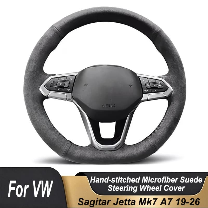 Custom Hand Stitched Black Microfiber Suede Non-slip Car Steering Wheel Cover For Volkswagen VW Sagitar Jetta Mk7 A7 2019-2026