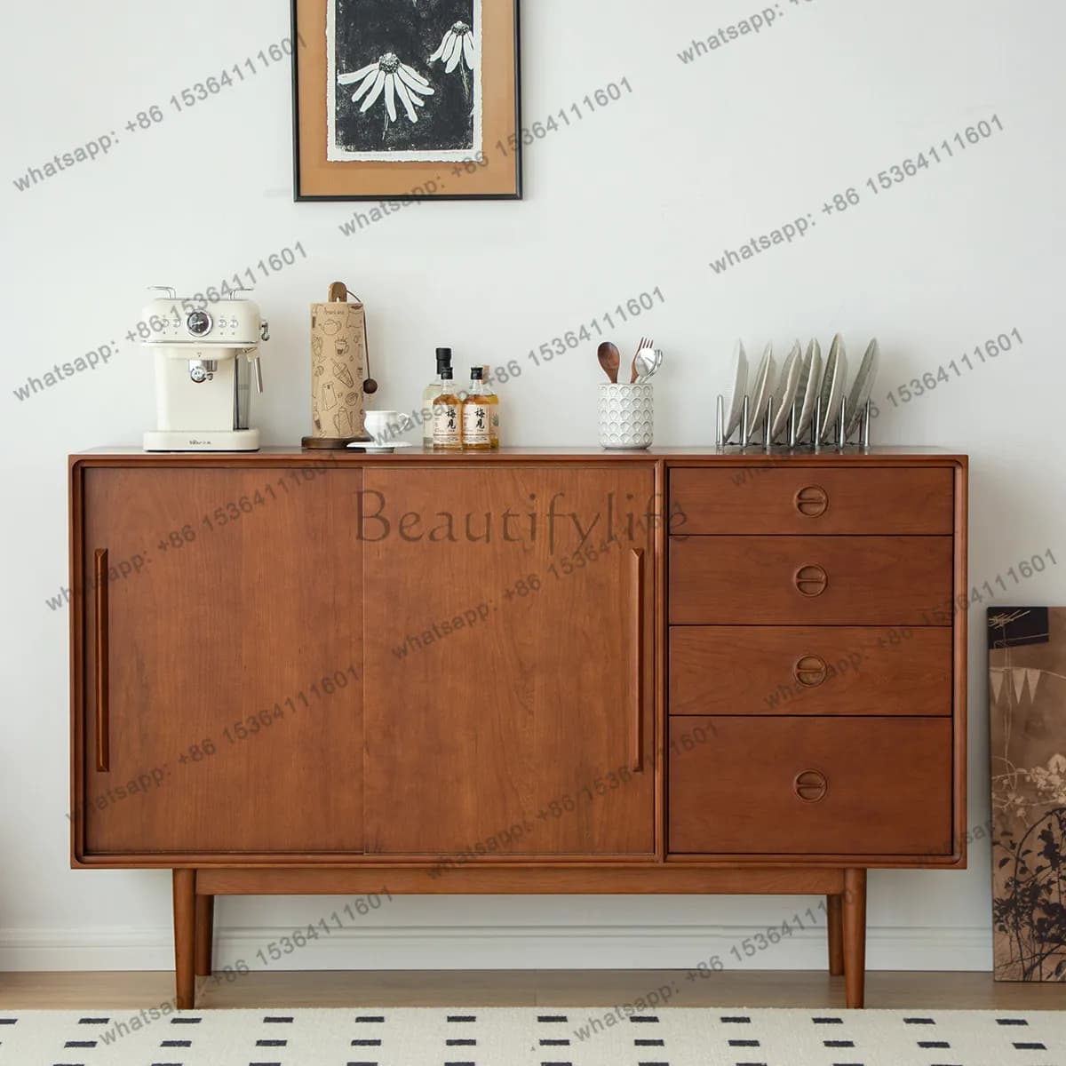 French retro solid wood dining side cabinet, cherry wood medieval storage cabinet against the wall