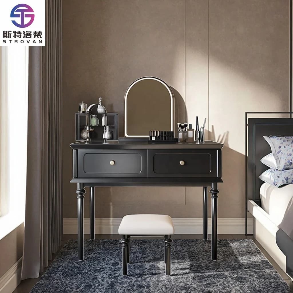 Luxury Traditional Solid Wood Adjustable LED Mirror Makeup Vanity Desk Table for Small Apartment Bathroom Black