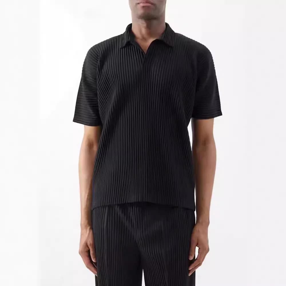 MIYAKE pleated blouse with loose lapel, versatile casual short-sleeved t-shirt, POLO shirt, trendy for men