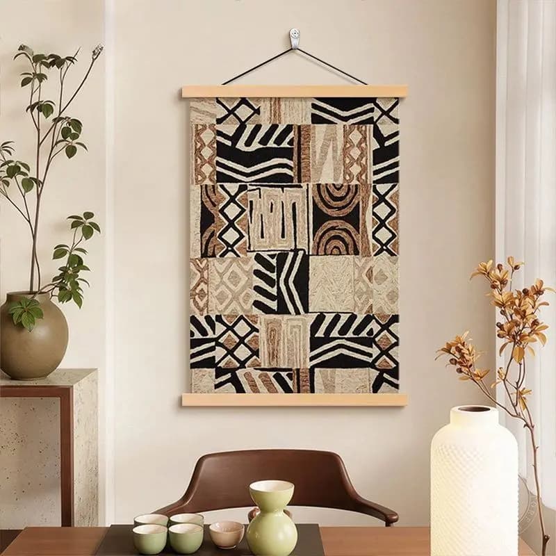 French Abstract Geometric Textured Vertical Scroll Art for Living Room