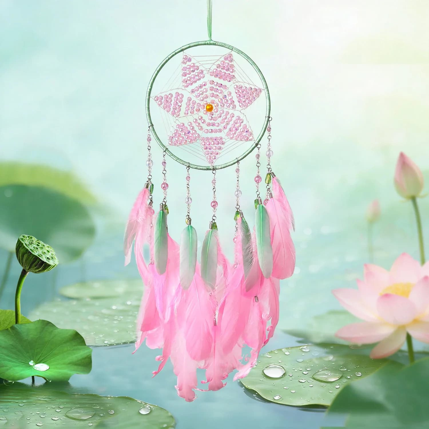 Lovely Pink Feathers Dream Catcher Large Wall Hanging Home Decoration Door Pendants Wind Chimes For Girls Birthday Party Gifts