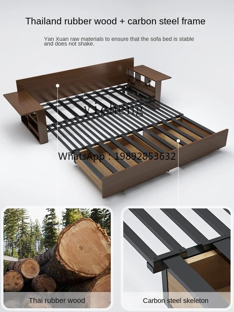 BB  Solid Wood Sofa Bed Small Apartment Multi-Functional Living Room Study Push-Pull Foldable