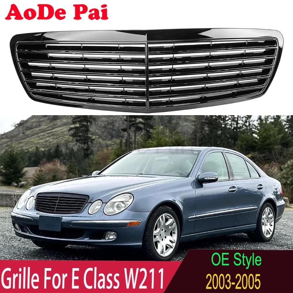 Black Front Bumper Mesh Grille Grill Hood For Mercedes Benz E Class W211 2003 2004 2005 2006 E320 E350 E500 E55