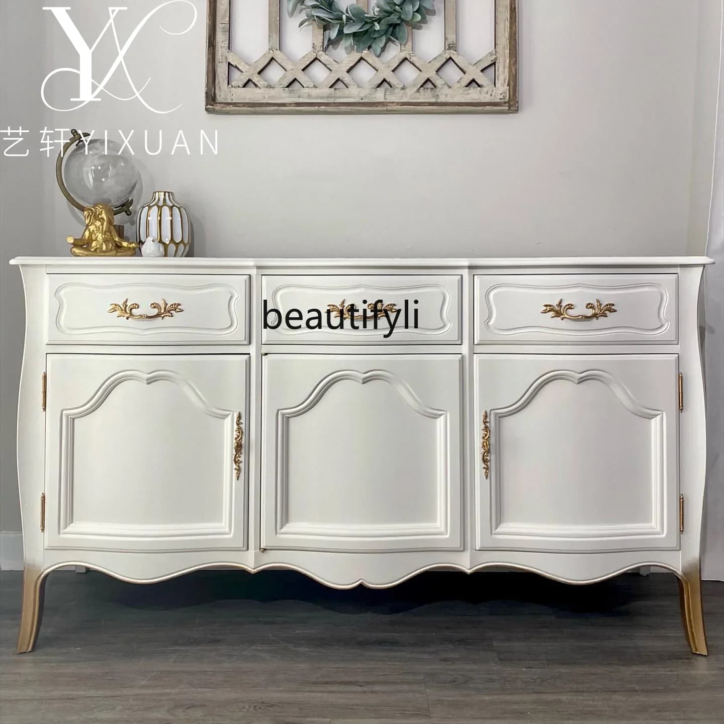 French Style Solid Wood Vintage Sideboard American Style Solid Wood Carved Storage Cabinet Living Room Decorative Cabinet