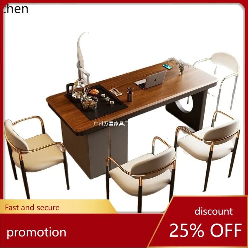 ZML Solid Wood Tea Table and Chair Set Simple Modern Home Living Room Balcony Office Tea Brewing Table with Integrated Kettle