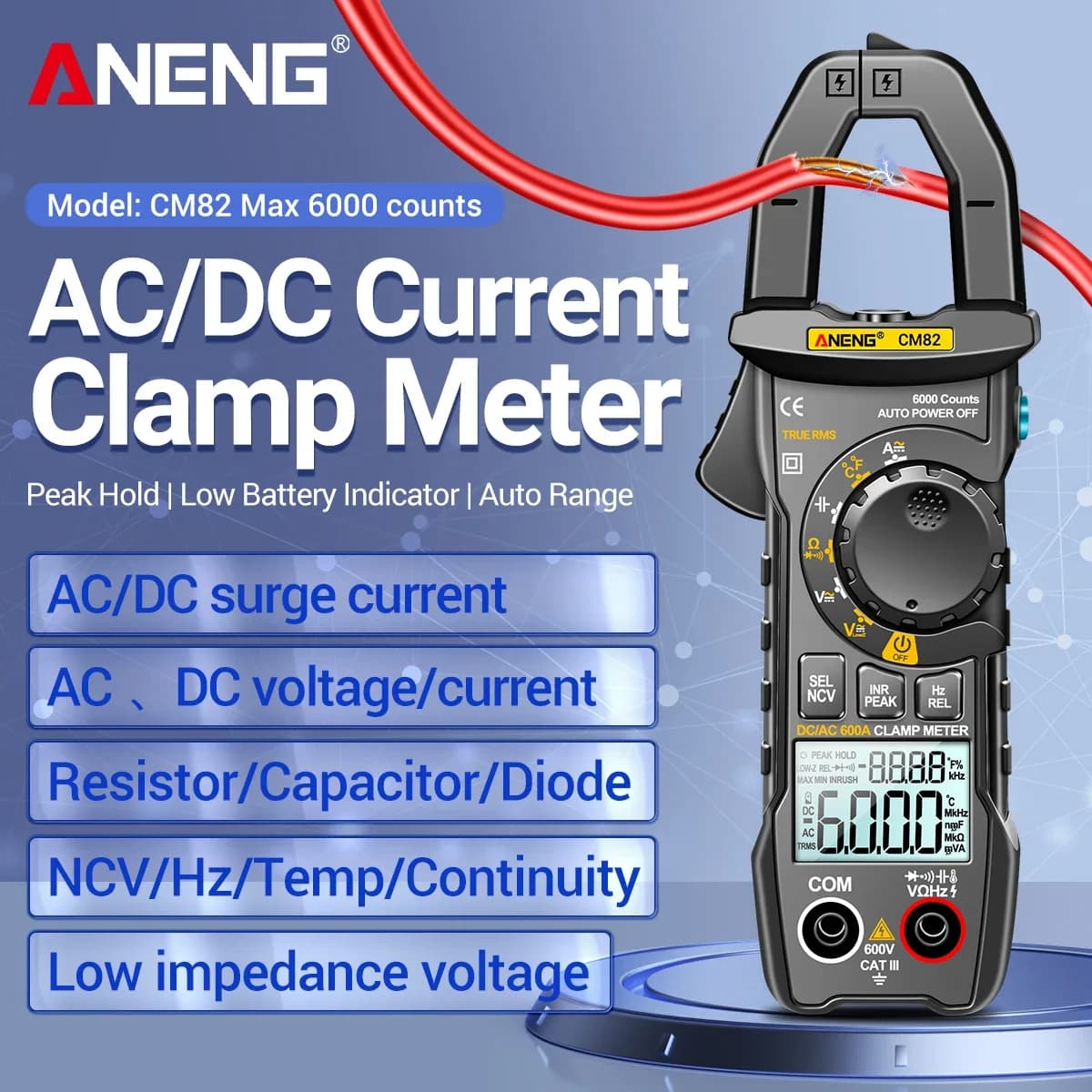 ANENG CM82 Clamp Gauge True Effective Value 600A AC/DC 600V AC/DC Voltage NCV Electrician's Special Meter for Electrical Testing