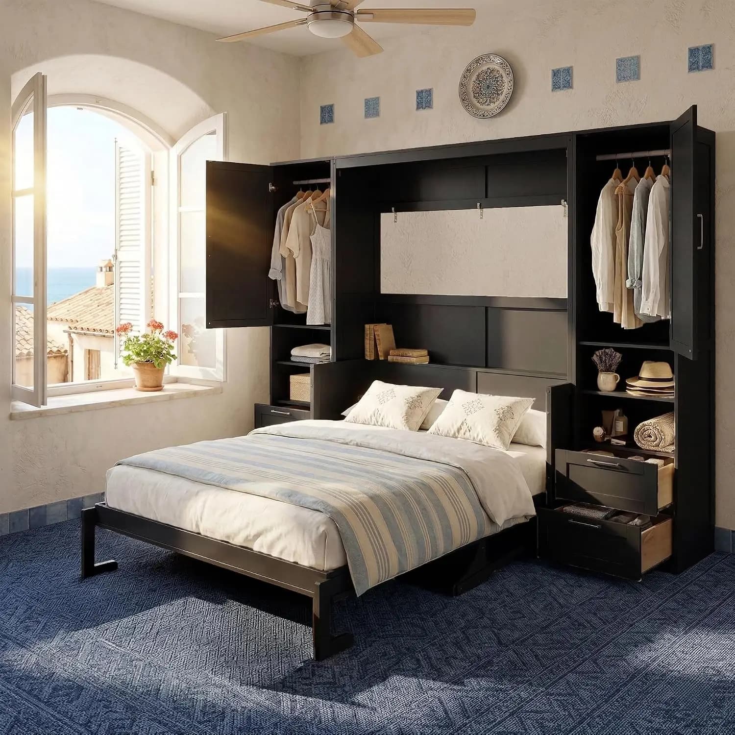Queen Size Murphy Bed with Desk, Multifunctional Foldable Wall Bed with Closet, Drawers and Shelves, Space-Saving Wood Bed Frame