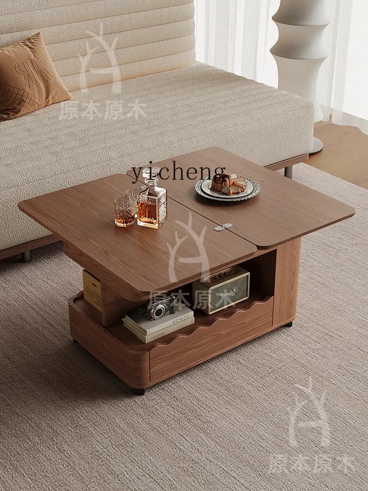 L28 Log Solid Wood Mobile Side Table Folding Coffee Table Small Apartment Living Room Movable Tea Table
