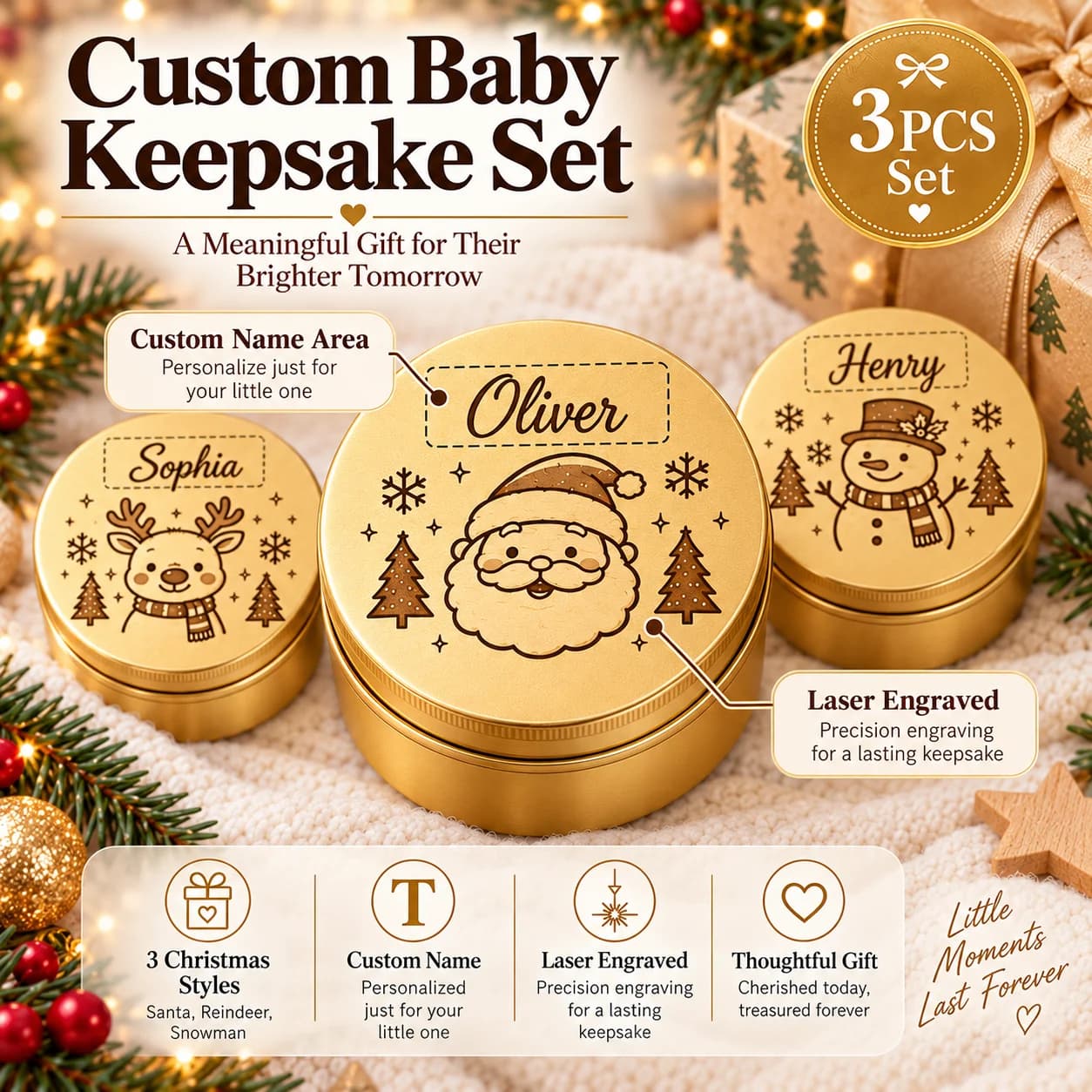 3Pcs Personalized Custom Baby Tooth Boxes, Cute Christmas Designs (Snowman, Reindeer, Santa Claus) Souvenir Aluminum Baby Tooth Boxes, Custom Aluminum Boxes Shower Gift Birth Statistics Keepsake Box Gift Box, (Christmas)Birth Souvenir, (Christmas)Gift for New Parents, Pregnancy