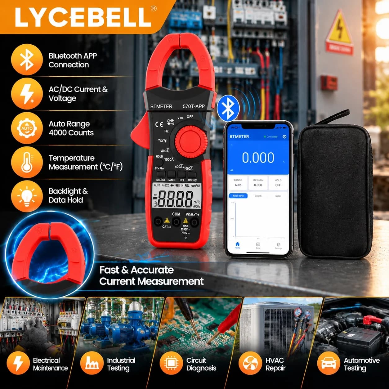 BTMETER 570T Smart AC/DC Clamp Meter 1000A 4000 Counts True RMS Bluetooth APP Data Logging for Electrician