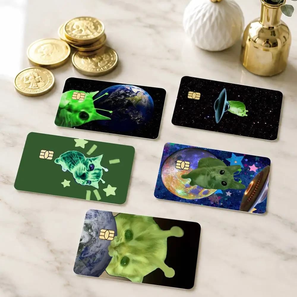 F-Funny Green alien cat Credit Card HD Stickers Game Card Decal Small Chip Waterproof Sticker Gift