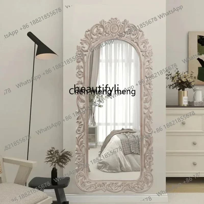 .French light luxury carved living room entrance decorative mirror American retro wall-mounted full-length mirror9338