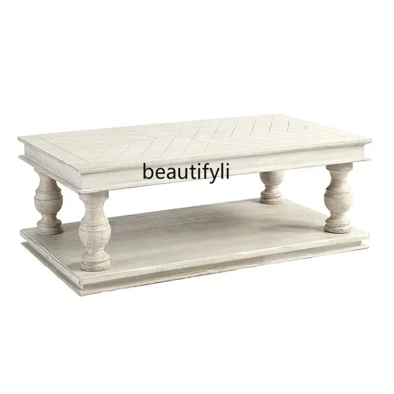 cc182Solid wood coffee table French engraved living room white rectangular  simple retro old coffee table corner table R