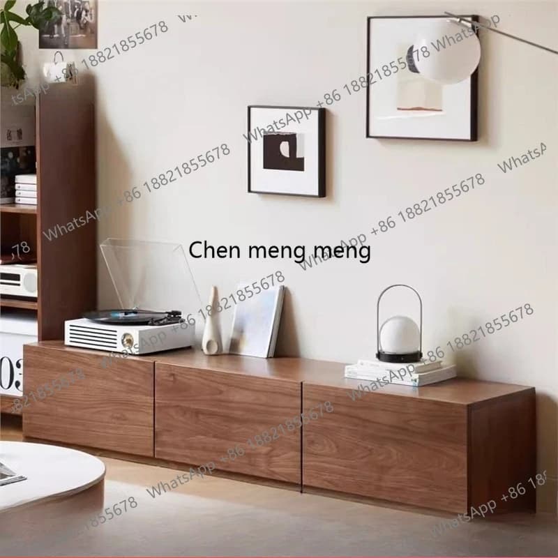 Simple black walnut color TV cabinet solid wood splicing locker living room floor coffee table storage storage