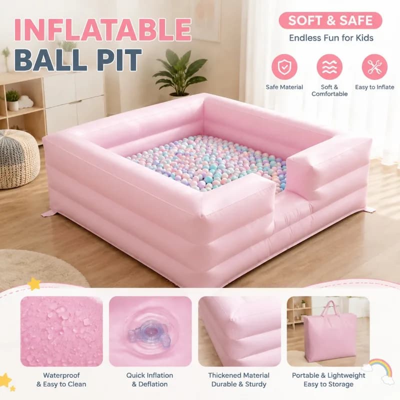 Large Soft Pink Commercial Inflatable Ball Pit, Safe Spacious Kids Toddler Play Area for Indoor Outdoor Party Entertainment