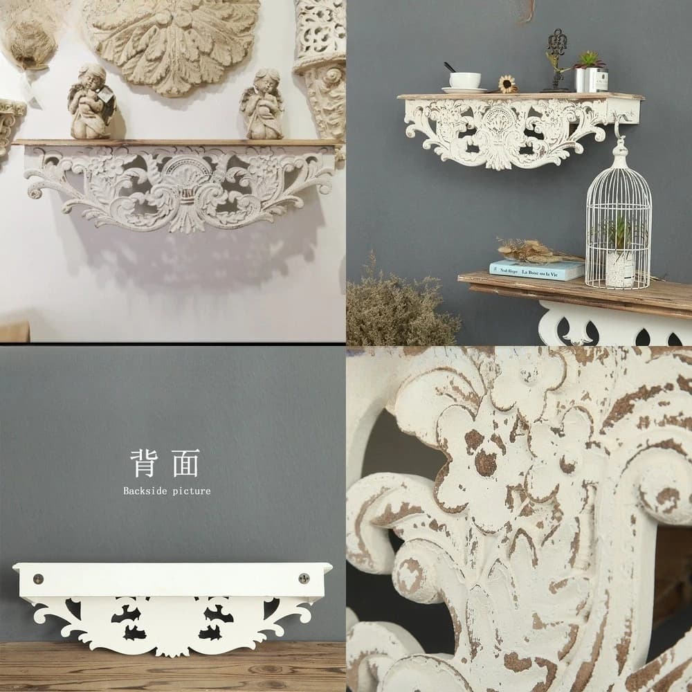 Rustic American Style Carved Wooden Wall Shelf for Living Room Decorative Floating Rack Vintage Look