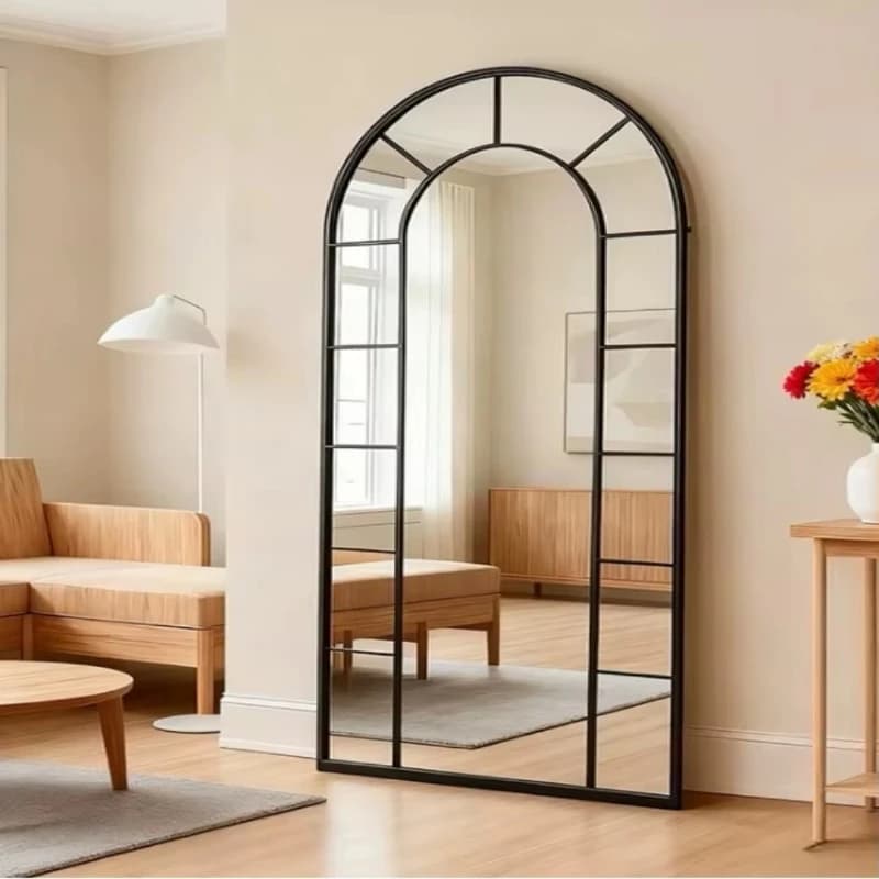 Retro metal wall-mounted floor-to-ceiling arched full-length mirror living room entrance corridor