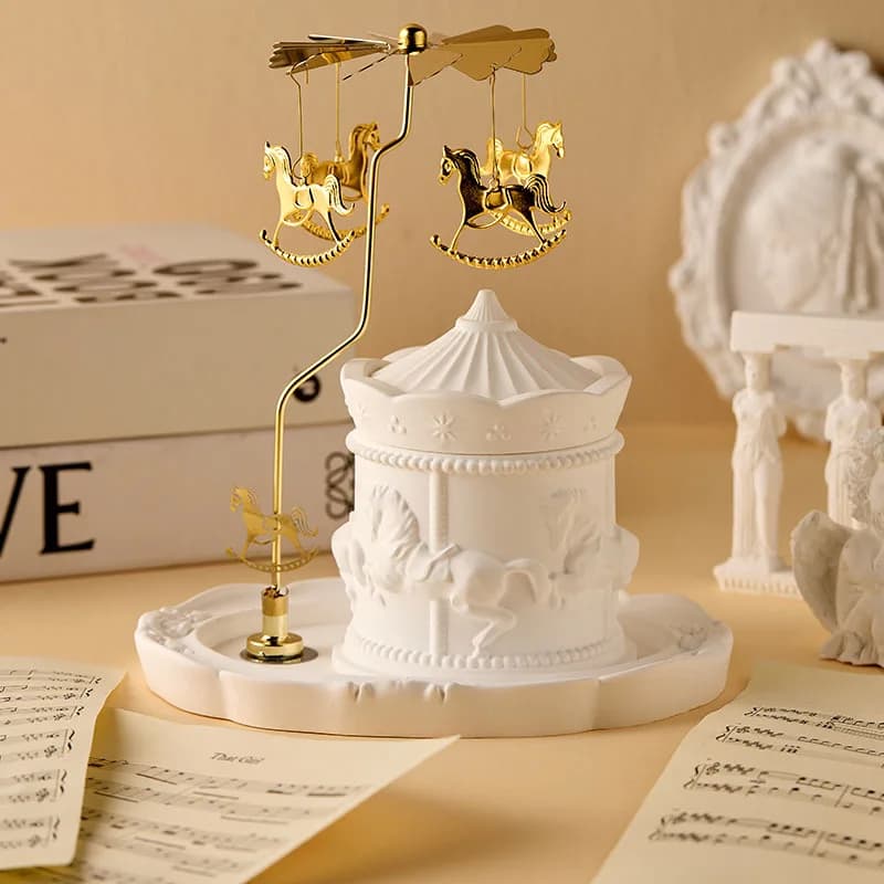 Carousel Candle Holder Set, Spinning Metal Carousel Topper with White Gypsum Candle Jar Base, Romantic Home Table Decor Ornament