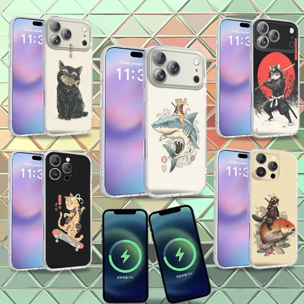 Funny cute Japanese Ukiyo-e cat For iPhone 18 17,12,11,14,13,15,16,Plus,Air,Pro,Max,E,Mini for Magnetic Frosted Phone Case