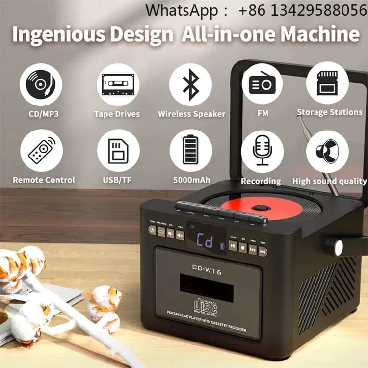 Portable All-in-One Boombox, CD Player + Cassette Tape Player Built-in Bluetooth Stereo Speaker