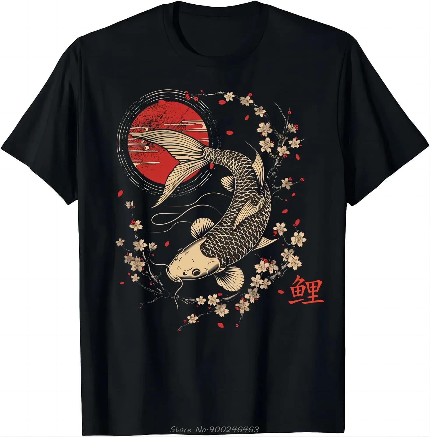 Trendy Cherry Blossom Koi Carp Printed T-Shirt, Men's Crew Neck Cotton Casual Tops For Workout Fitness Daily