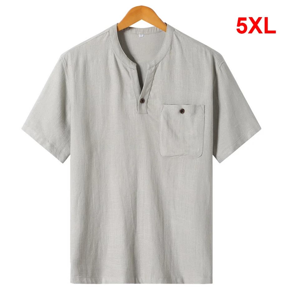 Men's Linen T-shirt Summer Short Sleeve Henry Collar T-shirt Casual Solid Color Linen Tshirt Male Summer Tops Tees Big Size 5XL