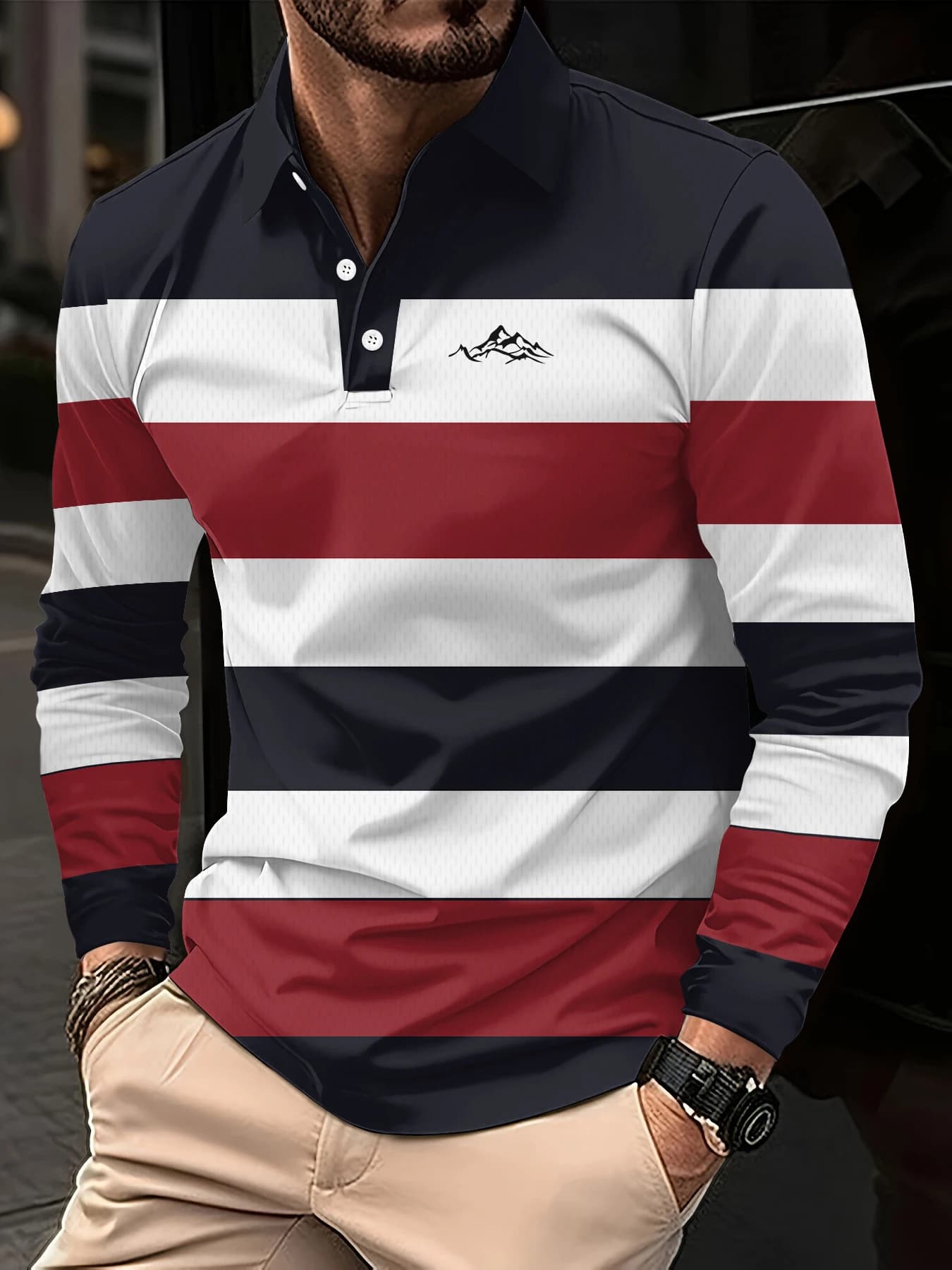 Classic Men's Polo Shirt Simple Mountain Printed Long Sleeve Autumn Casual Comfortable Fit Laple Shirt Trend Street Men Clothing