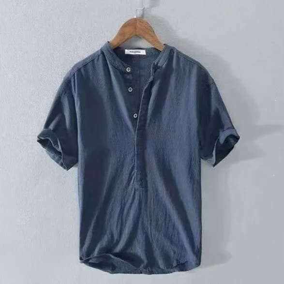 2026 Summer Men's Solid Color Simple Cotton and Linen Short-sleeved Semi-open Shirt Casual T-shirt Loose and Fashionable