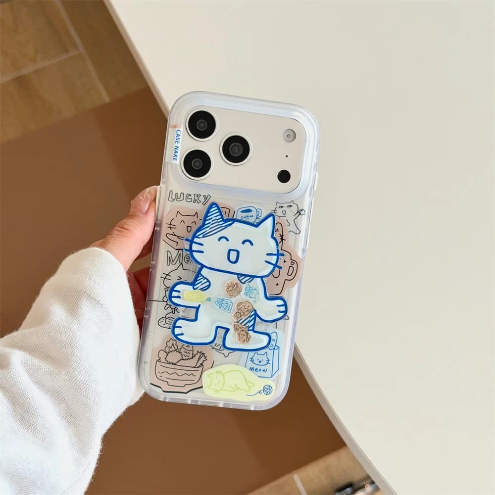 Kawaii Hand Drawn Doodle Cat Phone Case For iPhone 15 16 17 ProMax Cat Stand Shockproof Clear Anti‑Drop Hard Cover For Women