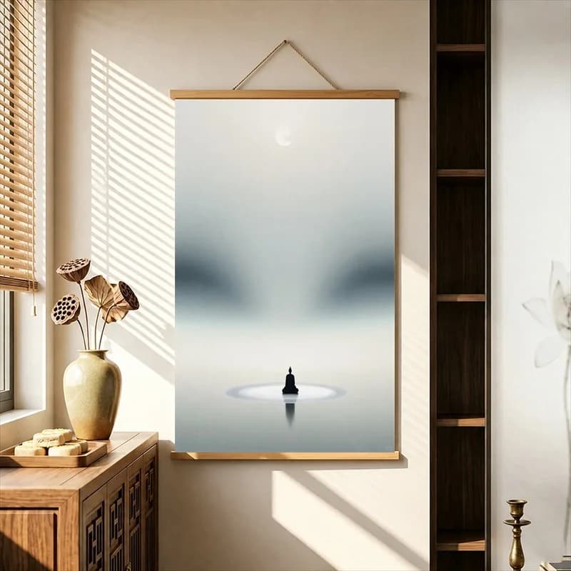 Wall Decorations Minimal Mountains Moons and Silent Figures, Pearlescent Canvas Hanging Scroll for Meditation Room Wall Decor