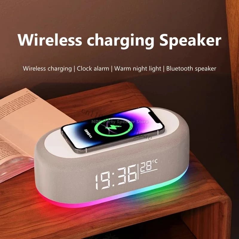 Multifunction 6 in 1 Bluetooth Smart Speakers With Wake Up Clock Colorful RGB Atmosphere Night Light Wireless Charge