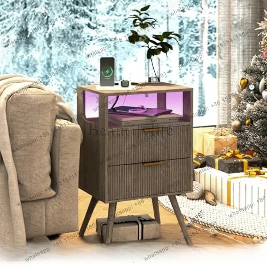 YJ  Nightstand with Charging Station and LED Lights Modern Bedside Table in Grey Oak with 2 Storage Drawers and Open Wood Shel
