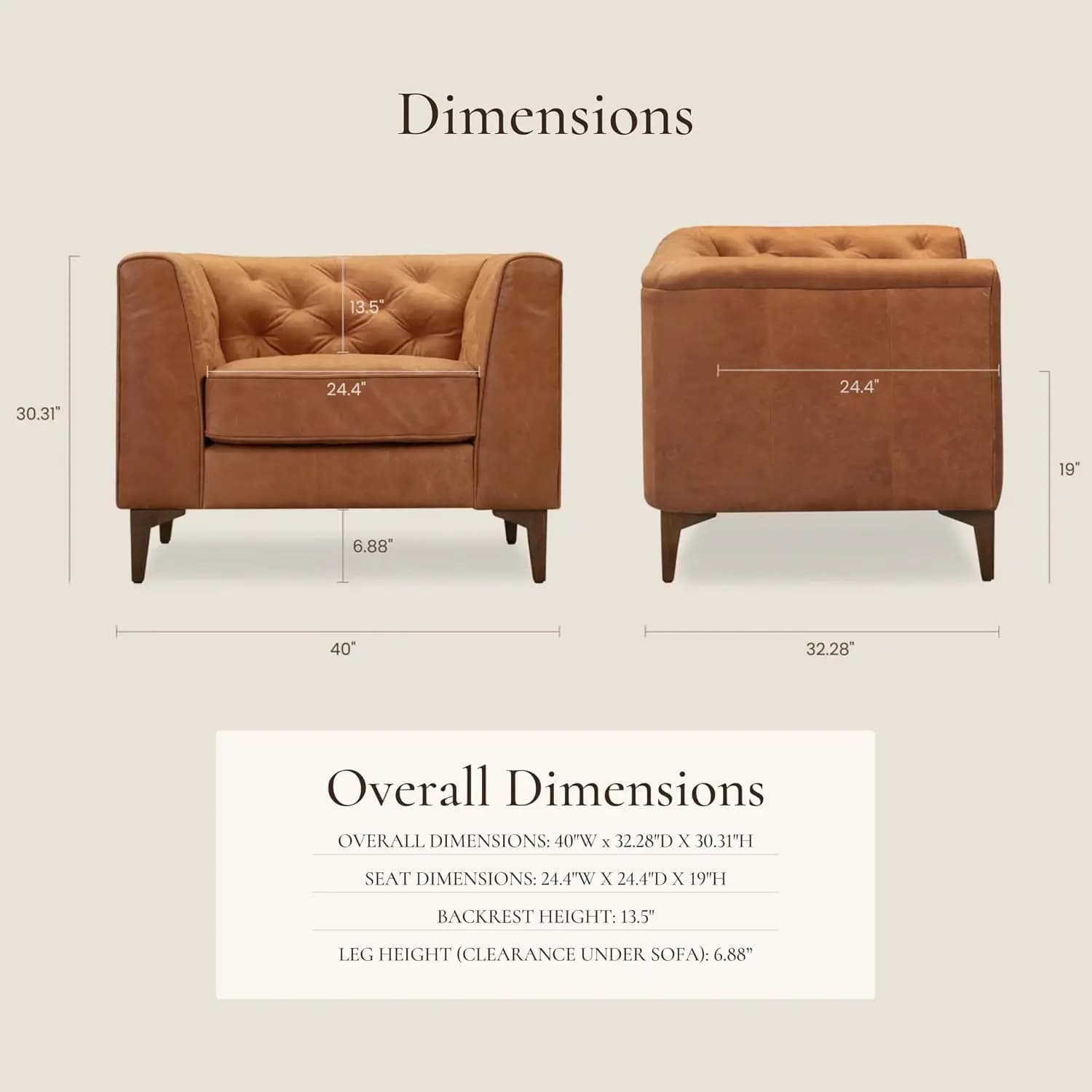 Essex 40" Lounge Chair – Full-Grain Pure-Aniline Italian Leather, Tufted Back & Arms, Feather-Down Cushioning, Walnut Wood Legs