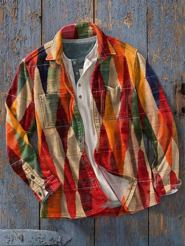 Men's Fashion Splice Gradient Art 3D Printed Casual Long Sleeve Shirt Casual Button Shirt