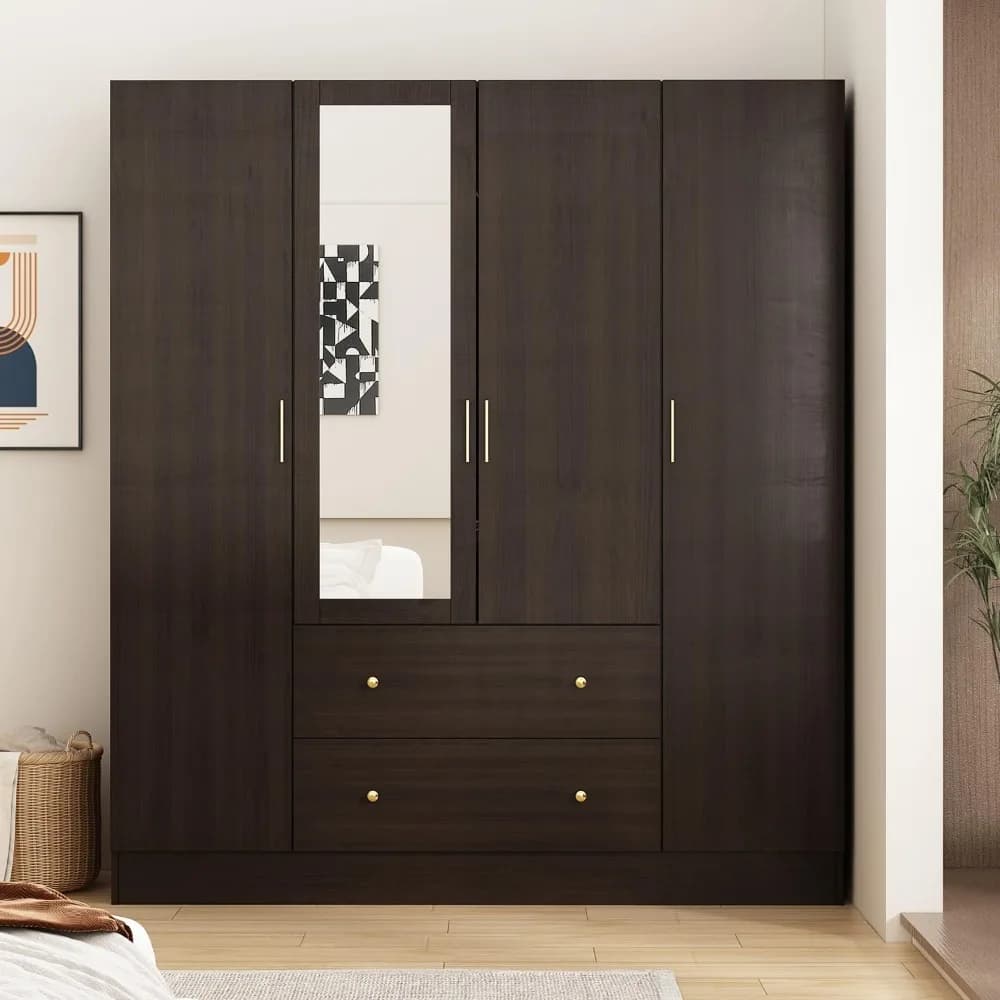 Dark Brown Wardrobe Armoire with Mirror, 5-Tier Shelves, 2 Drawers, 2 Hanging Rods and 4 Doors, Wooden Closet Storage Cabinet f