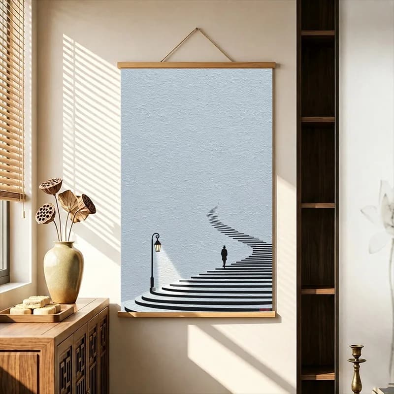 Wall Art Life Stairway Journey, Modern Surreal Pearlescent Canvas Hanging Scroll with Wooden Rods for Home Office Decor