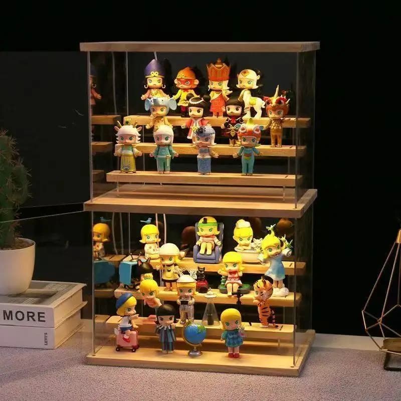 Clear Acrylic Figure Display Cabinet With Solid Wood Step Stand for Blind Box Toy, Cosmetic, Souvenir Display Box With Light